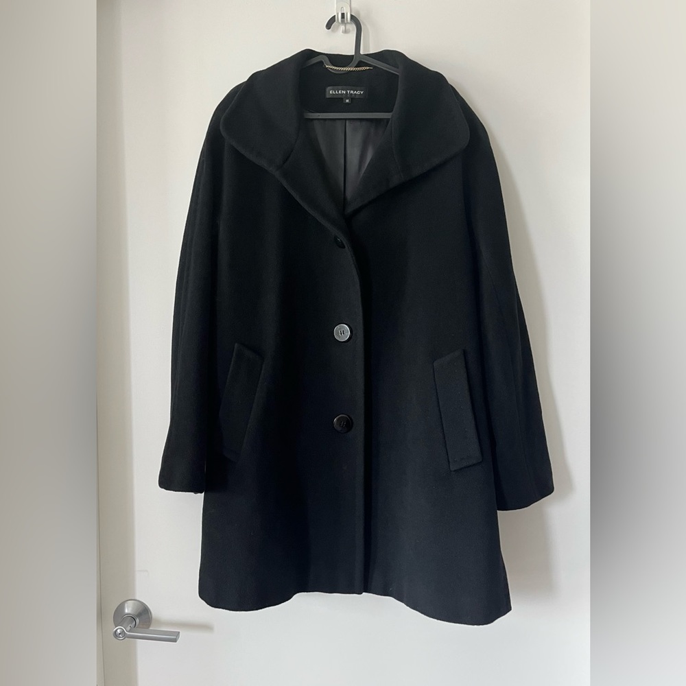 Ellen Tracy Women Black Wool Blend Pockets Classic Casual Overcoat Sz14 EUC